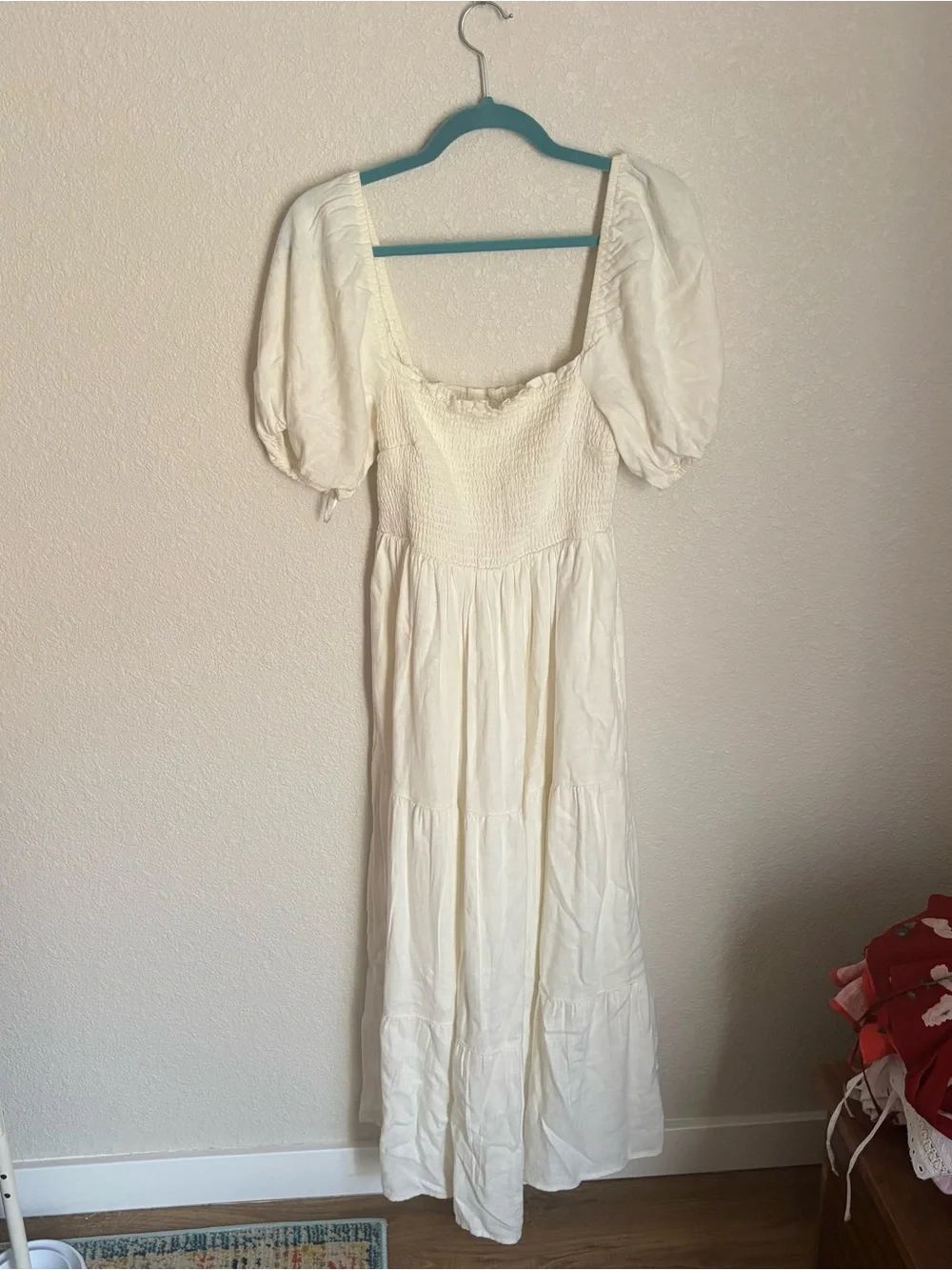 Abercrombie Smocked Square Neck Puff Sleeve Maxi Dress in Cream Linen Blend